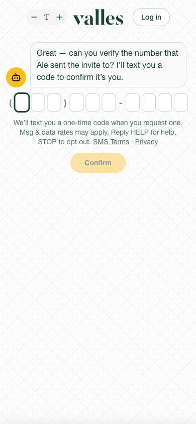 The Valles invitation screen: ten boxes for a mobile number, the SMS consent notice, and a “Confirm” button.