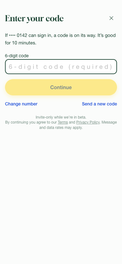The Valles sign-in screen after requesting a code: six boxes for the 6-digit code that was texted.